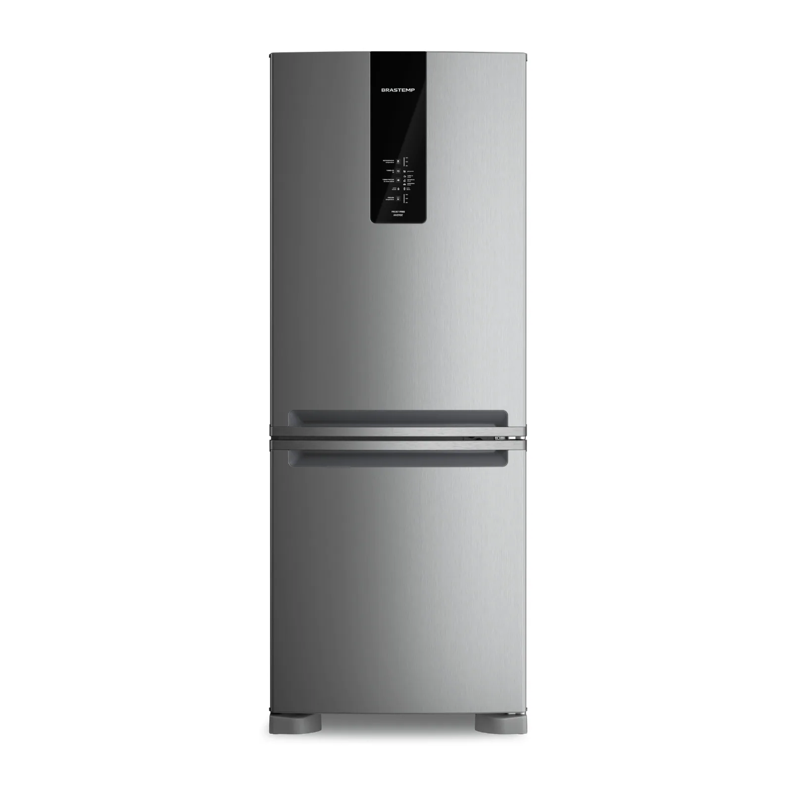 Foto frontal da geladeira Brastemp BRE57F, acabamento Inox