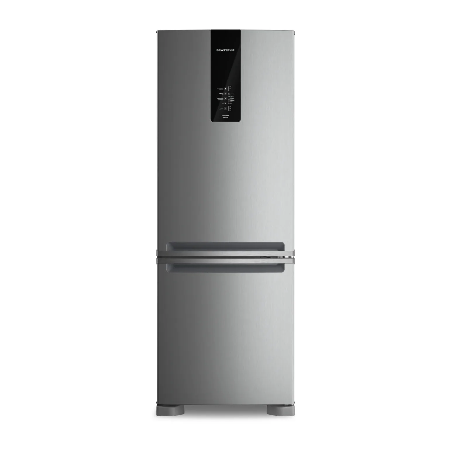 Foto frontal da geladeira Brastemp BRE58F, acabamento Inox