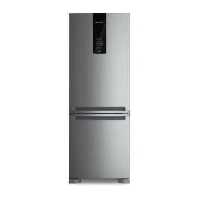 Foto frontal da geladeira Brastemp BRE58F · 127 V ou 220 V, acabamento Inox