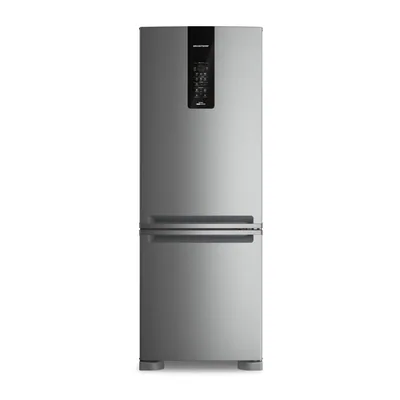 Foto frontal da geladeira Brastemp BRE59F · 127 V ou 220 V, acabamento Inox