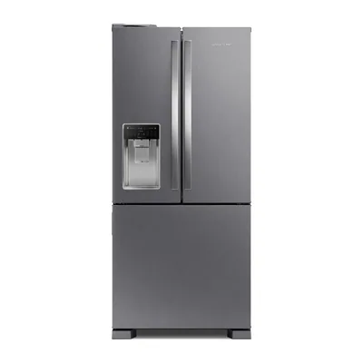 Foto frontal da geladeira Brastemp BRH85A · 127 V ou 220 V, acabamento Inox