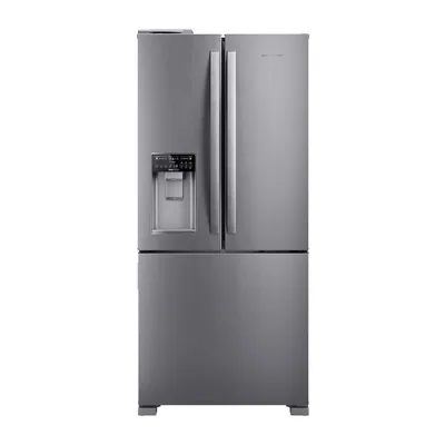 Foto frontal da geladeira Brastemp BRH85M · 127 V ou 220 V, acabamento Inox