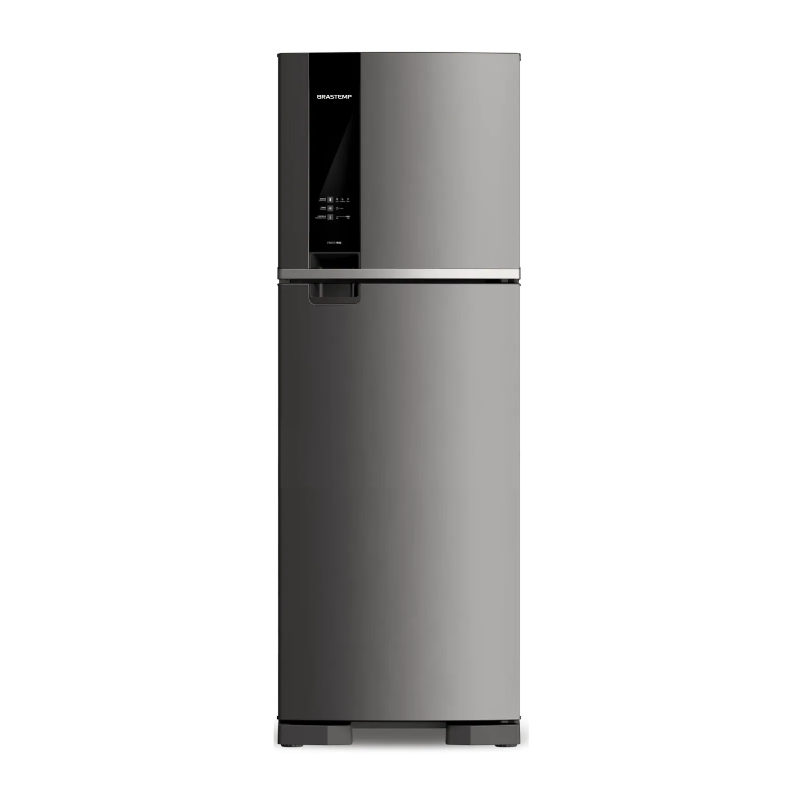 Foto frontal da geladeira Brastemp BRM45J, acabamento Inox