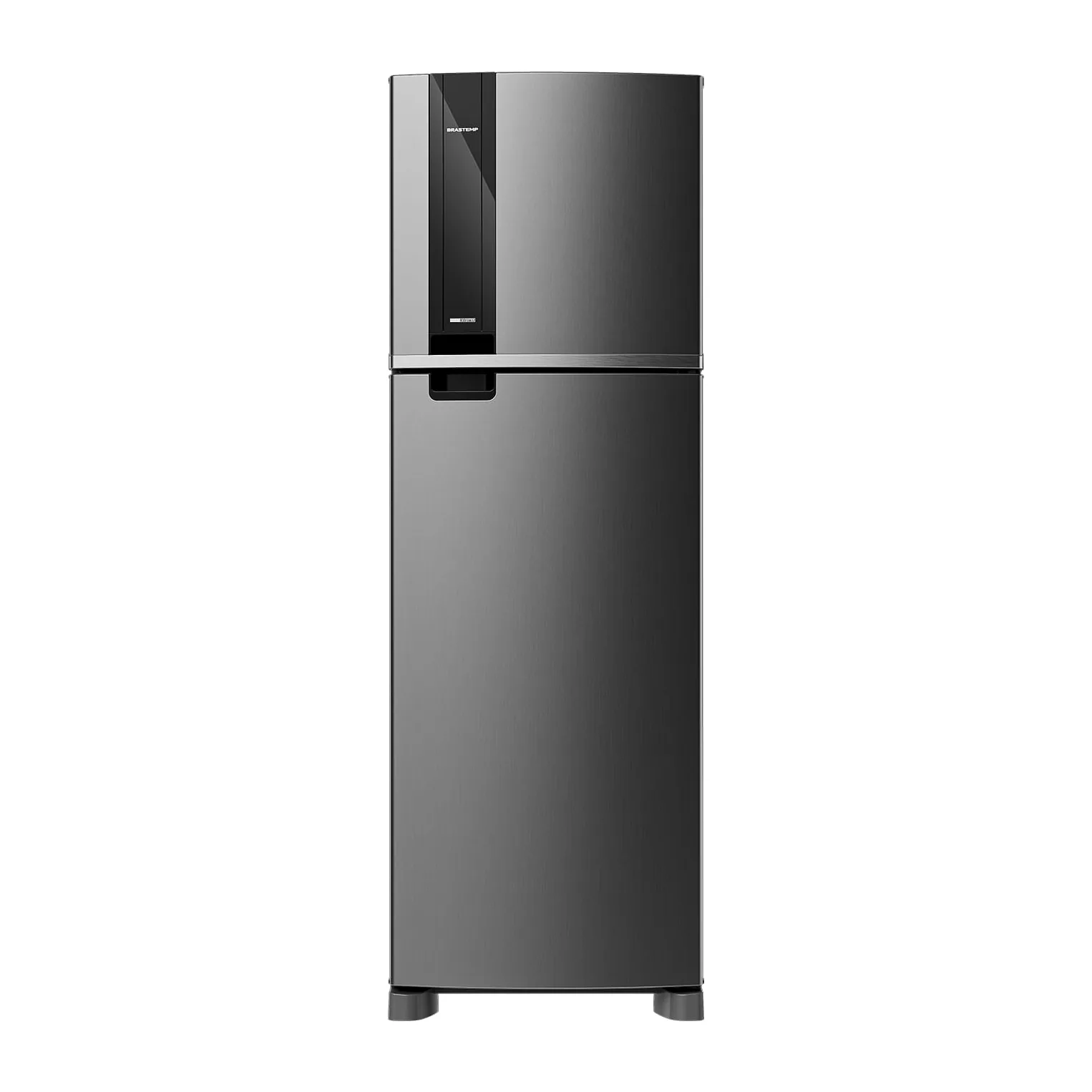 Foto frontal da geladeira Brastemp BRM51M, acabamento Inox