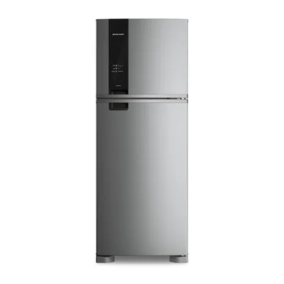 Foto frontal da geladeira Brastemp BRM55F · 127 V ou 220 V, acabamento Inox