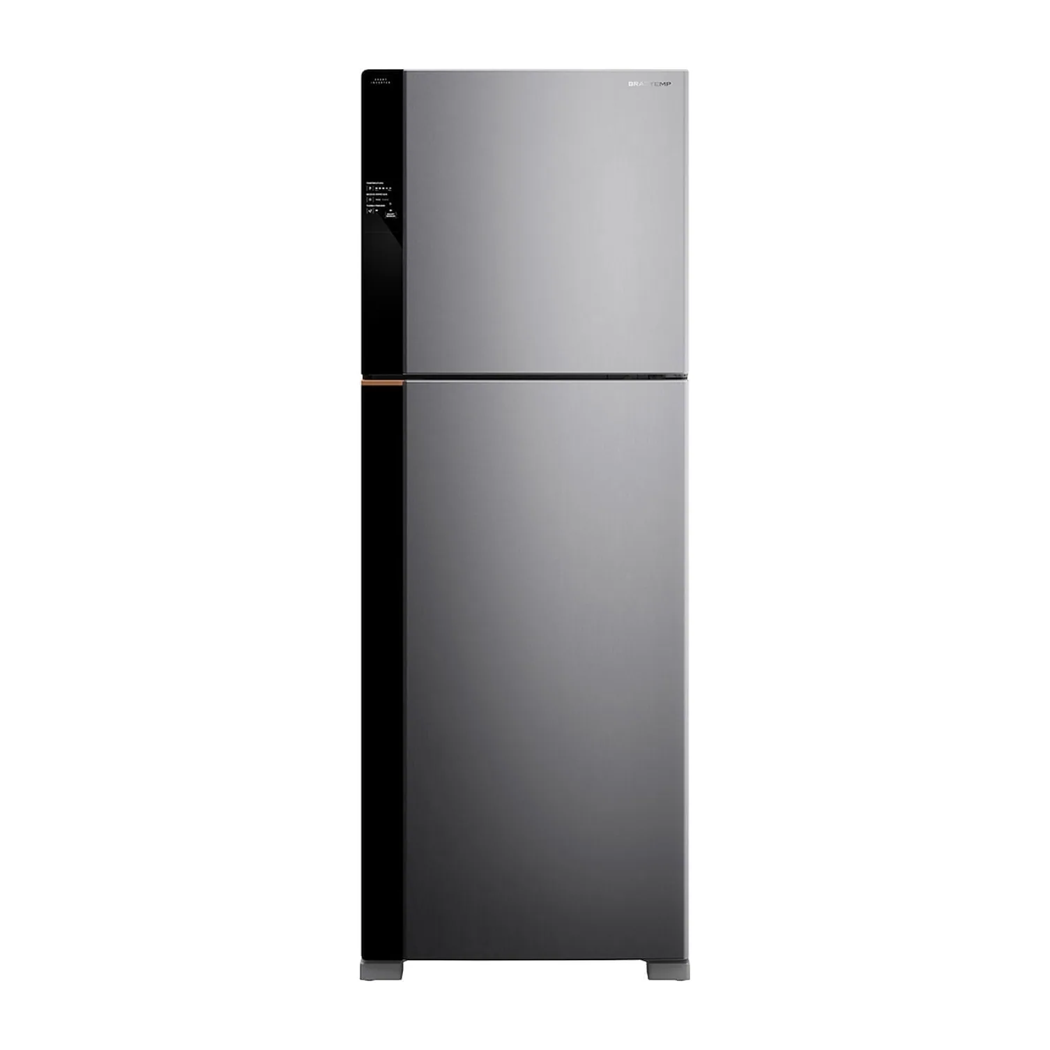Foto frontal da geladeira Brastemp BRM62A, acabamento Inox