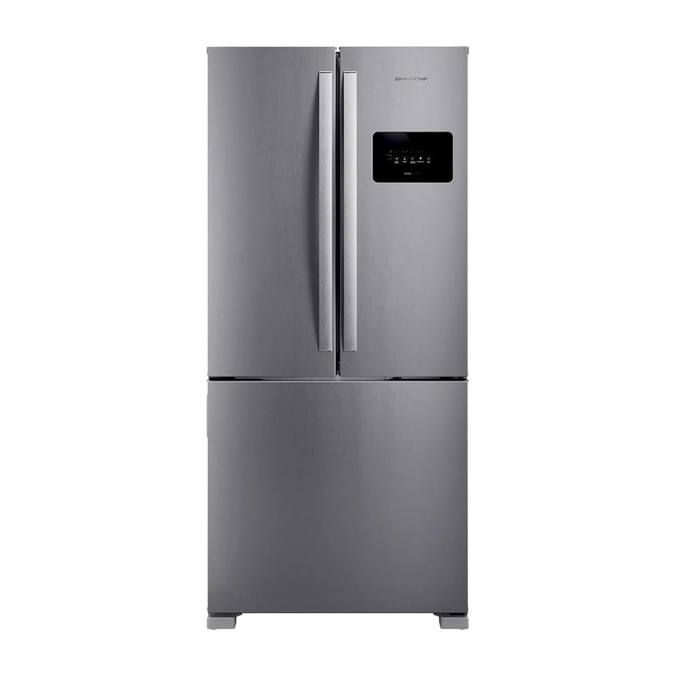 Foto frontal da geladeira Brastemp BRO85M, acabamento Inox
