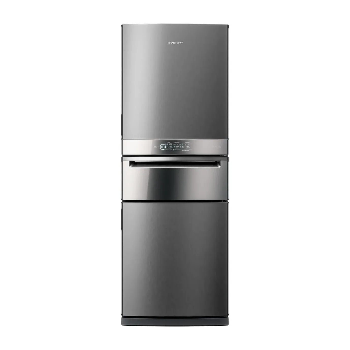 Foto frontal da geladeira Brastemp BRY59C, acabamento Inox