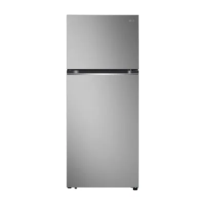 Foto frontal da geladeira LG GN-B372PFM · 127 V ou 220 V, acabamento Inox Look