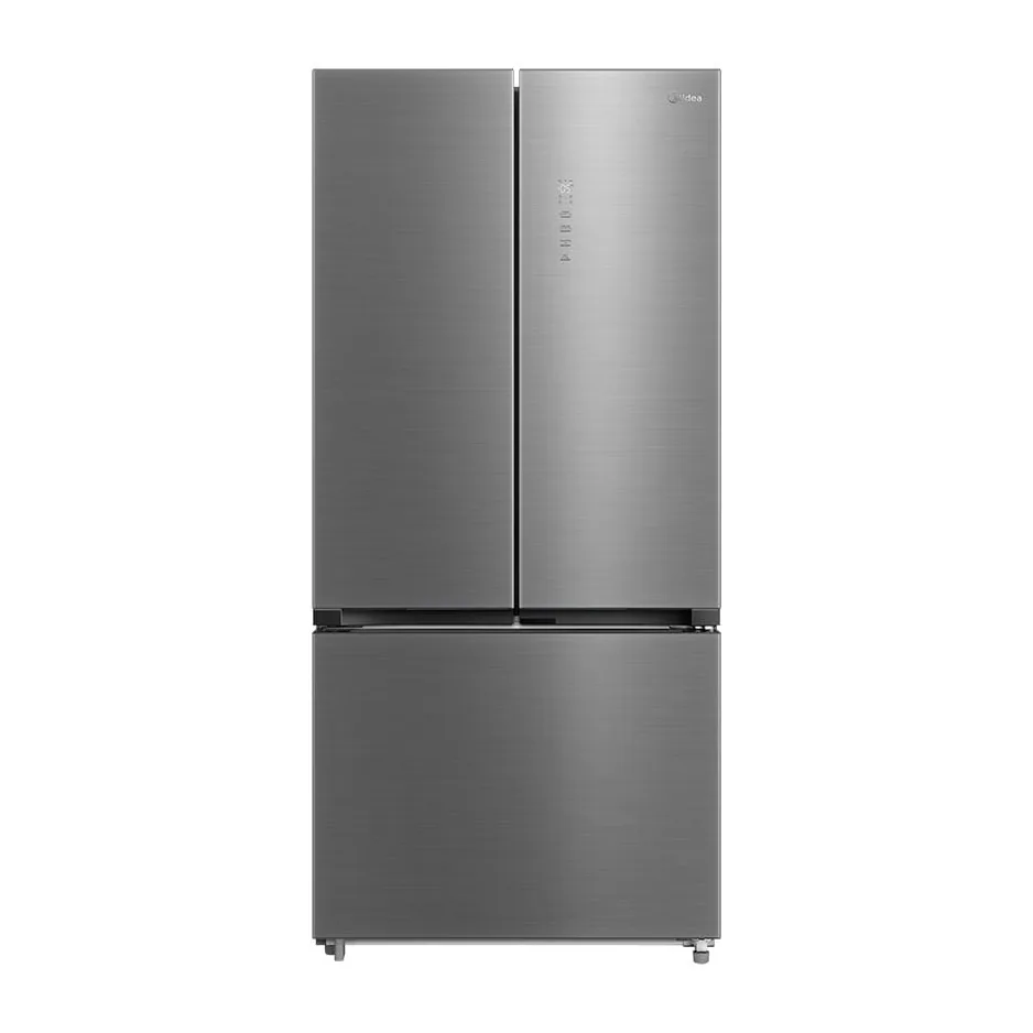 Foto frontal da geladeira Midea MDRM905MMD, acabamento Cor inox