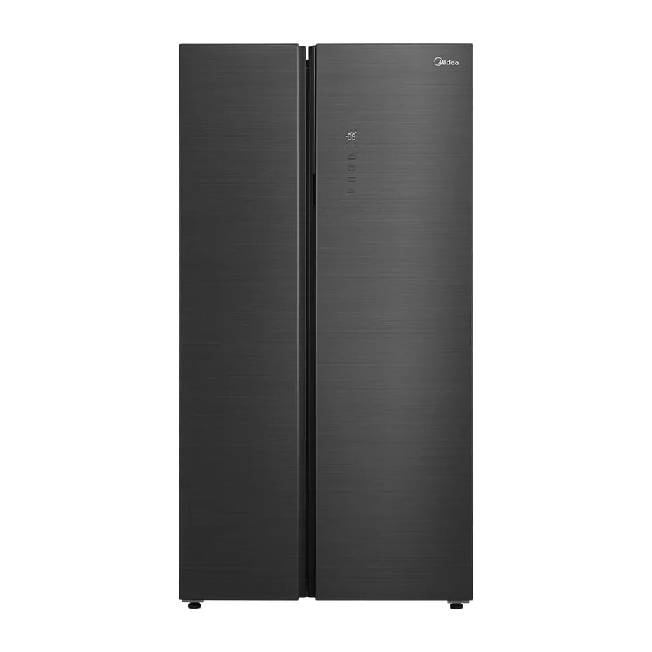 Foto frontal da geladeira Midea MDRS923MMD, acabamento Black Inox