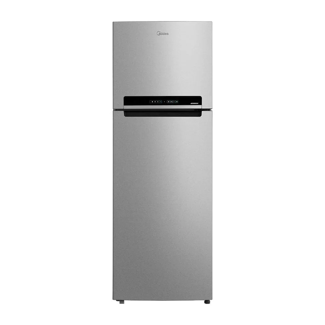 Foto frontal da geladeira Midea MDRT533EVD, acabamento Prata