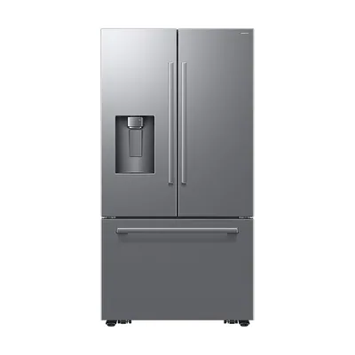 Foto frontal da geladeira Samsung RF70H25HET · 127 V ou 220 V