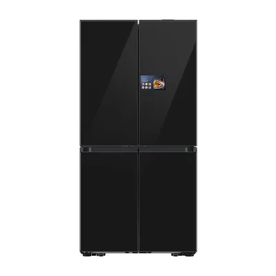 Foto frontal da geladeira Samsung RM90F66C1 · 127 V ou 220 V, acabamento Glam Deep Charcoal