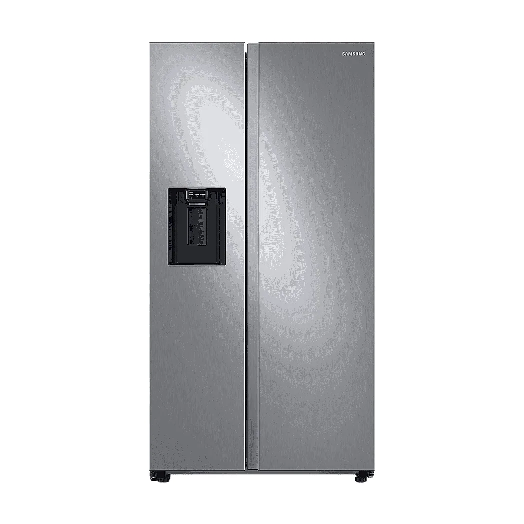 Foto frontal da geladeira Samsung RS60T5200, acabamento Natural Gray