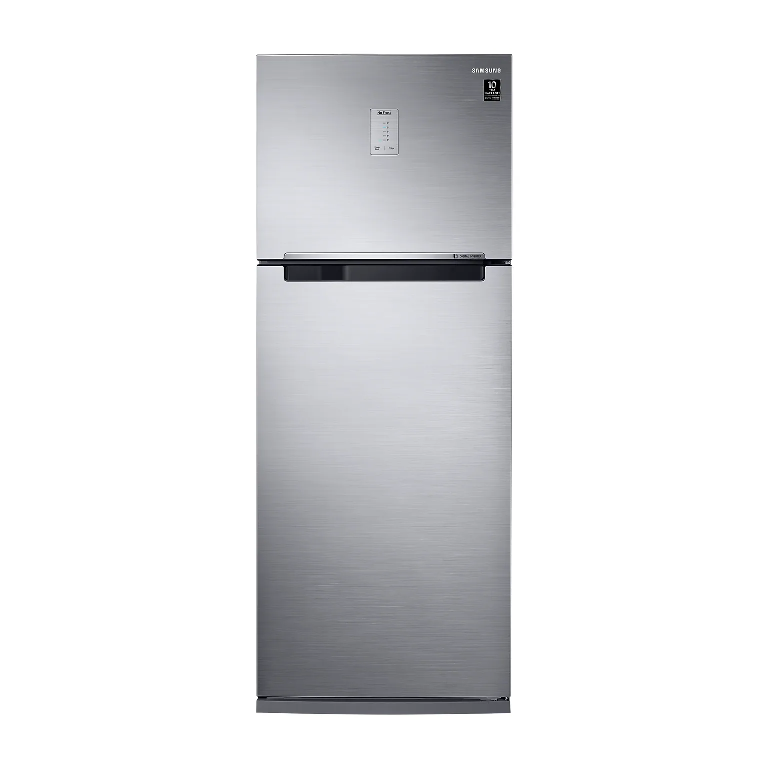 Foto frontal da geladeira Samsung RT46K6A4K, acabamento Silver